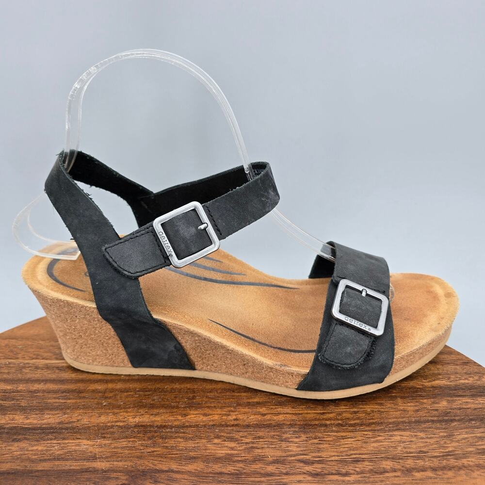 Aetrex Lexa Sandals Womens 9 Black Leather Adjustable Straps Wedge Orthotic